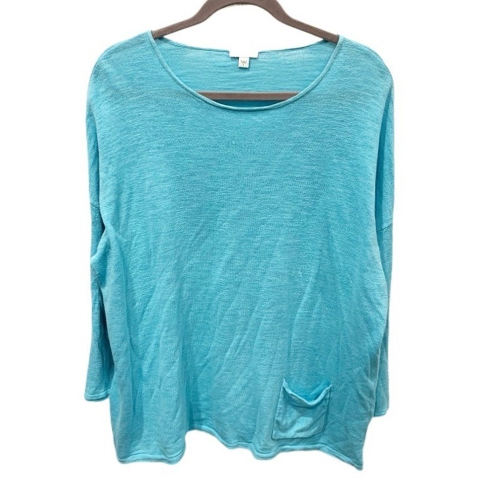 J. Jill Linen Cotton Blend Turquoise Blue Pocket Sweater Button Cuff Large